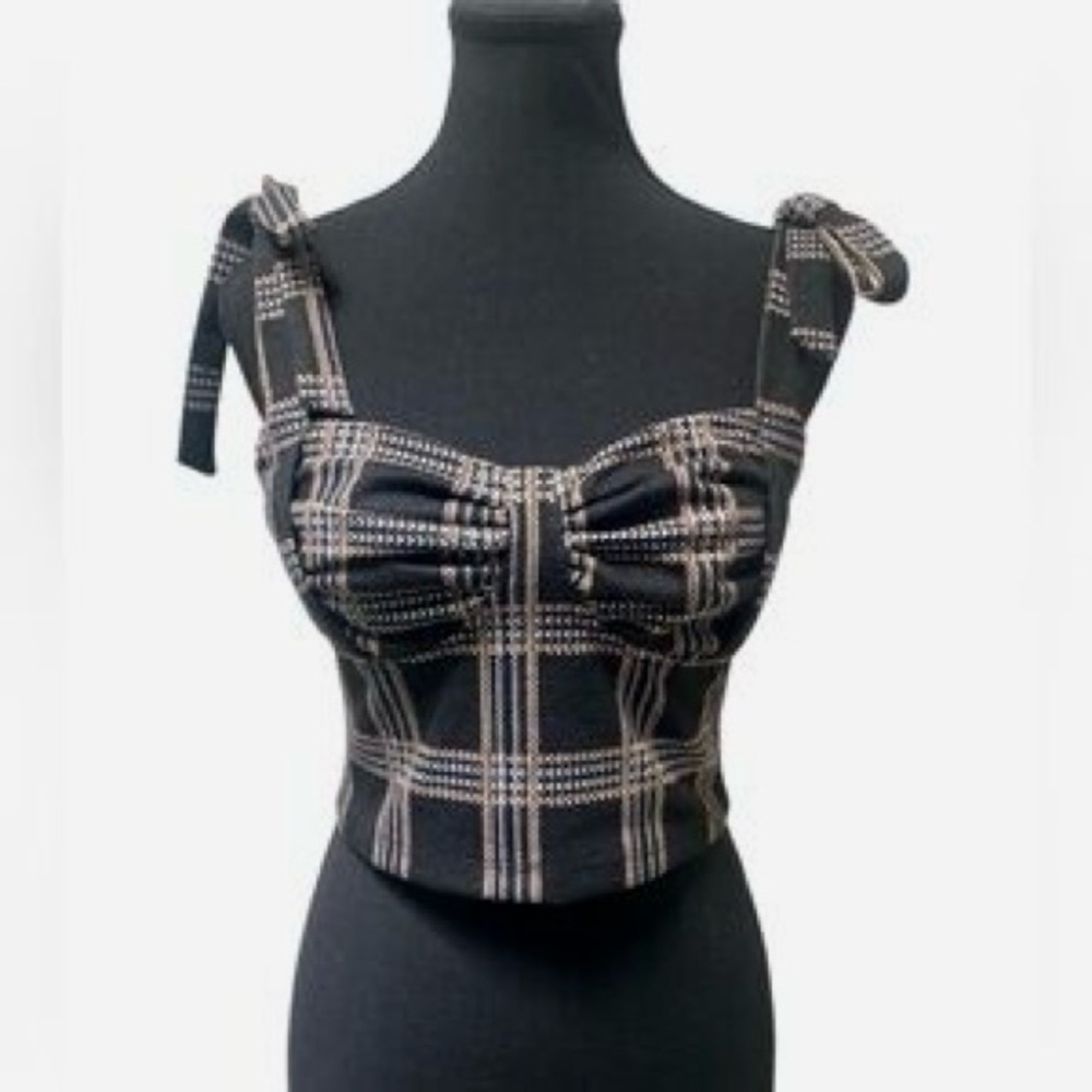 Rabbit Rose Plaid Sleeveless Tie Crop Tank Top Bustier Corset Fitted Bra - Picture 2 of 8